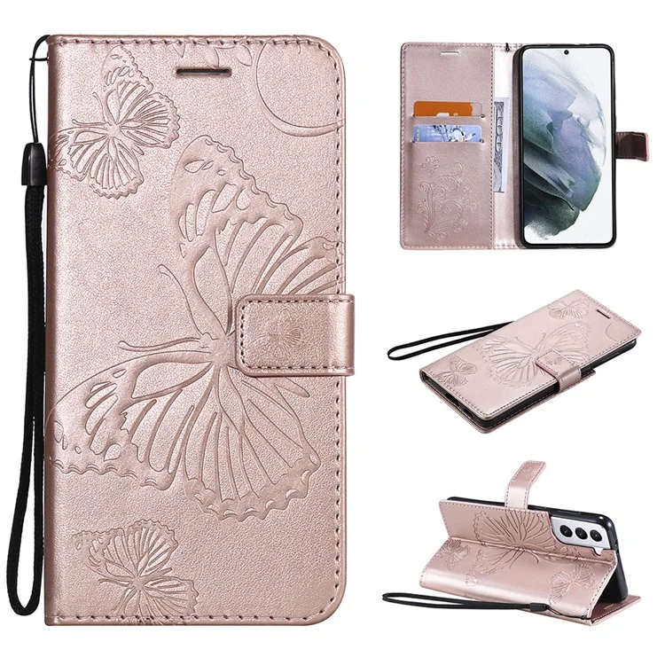 KT Imprinting Flower Series-2 Imprinted Butterflies Flower Leather Wallet Stand Case para Samsung Galaxy S21 4G/5G - Rose Gold