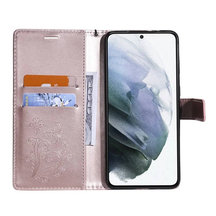KT Imprinting Flower Series-2 Imprinted Butterflies Flower Leather Wallet Stand Case para Samsung Galaxy S21 4G/5G - Rose Gold