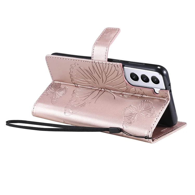 KT Imprinting Flower Series-2 Imprinted Butterflies Flower Leather Wallet Stand Case para Samsung Galaxy S21 4G/5G - Rose Gold