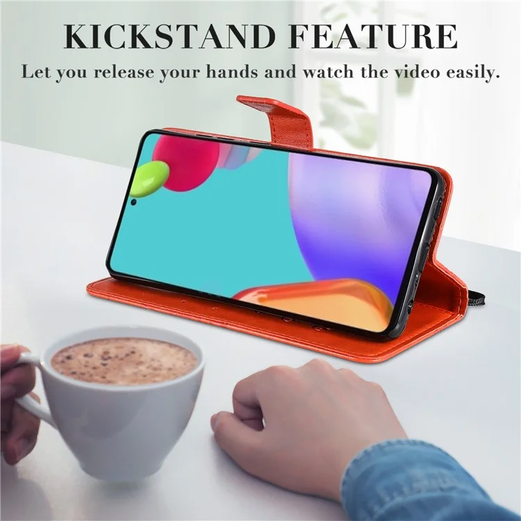 KT Imprinting Flower Series-2 Imprinted Butterflies Flower Leather Wallet Stand Case per Samsung Galaxy A52 4G/5G / A52s 5G - Arancione
