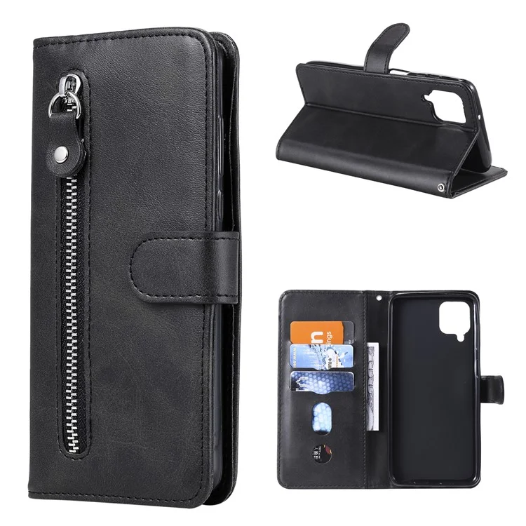 Zipper Pocket Leather Wallet Stand Case for Samsung Galaxy A12 - Black