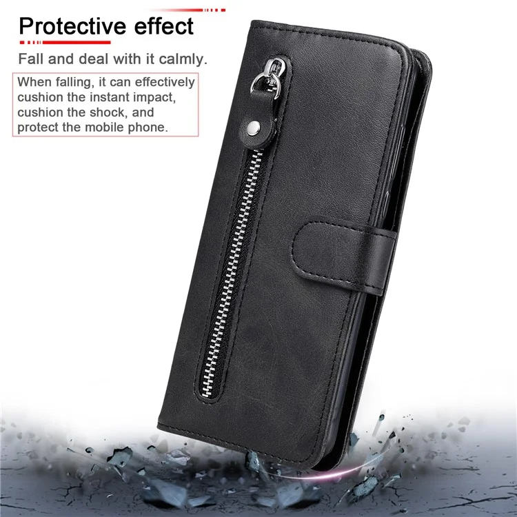 Zipper Pocket Leather Wallet Stand Case for Samsung Galaxy A12 - Black