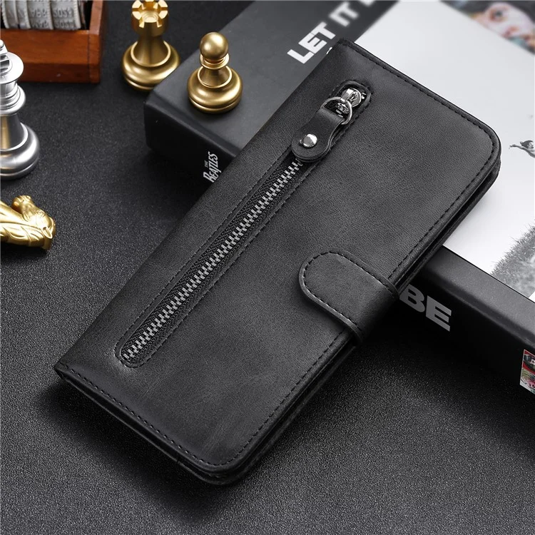 Zipper Pocket Leather Wallet Stand Case for Samsung Galaxy A12 - Black