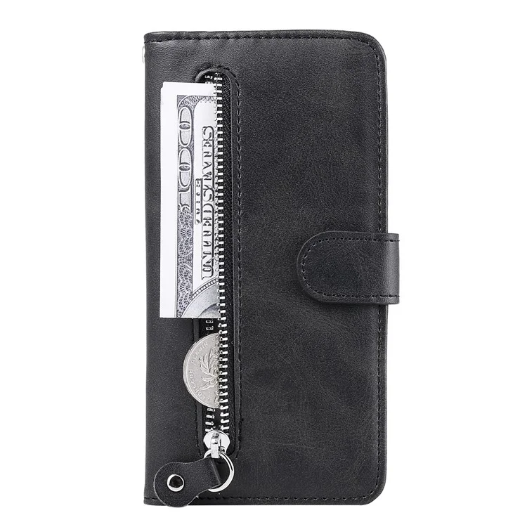 Zipper Pocket Leather Wallet Stand Case for Samsung Galaxy A12 - Black