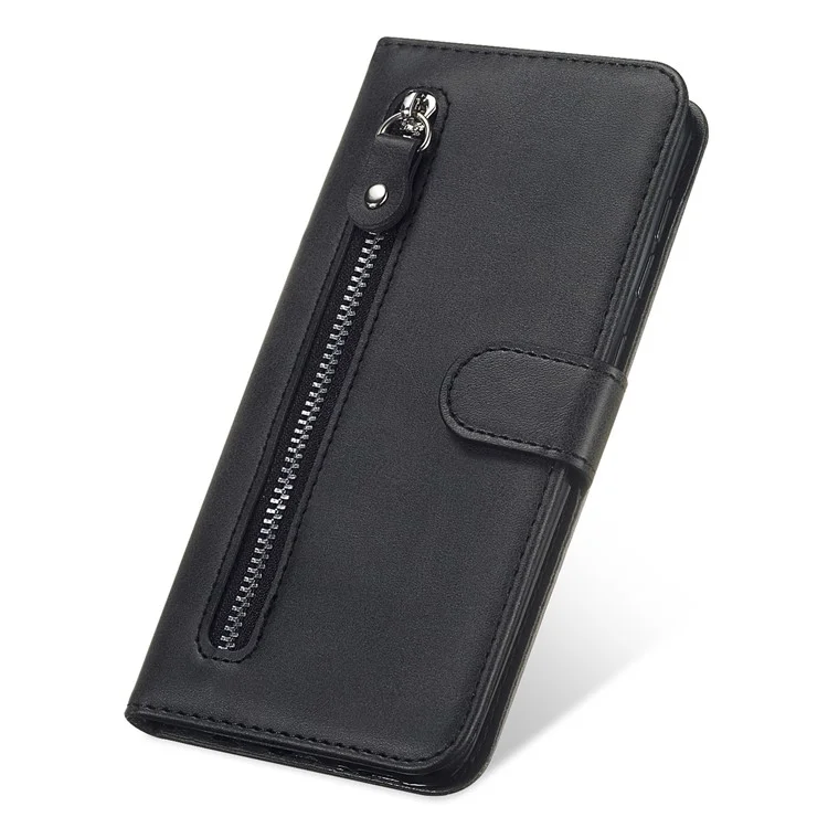 Zipper Pocket Leather Wallet Stand Case for Samsung Galaxy A12 - Black