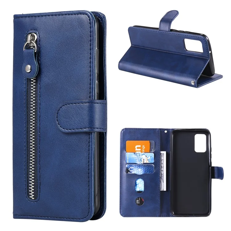 Zipper Pocket Leather Wallet Stand Case for Samsung Galaxy A02s (164.2x75.9x9.1mm) - Blue