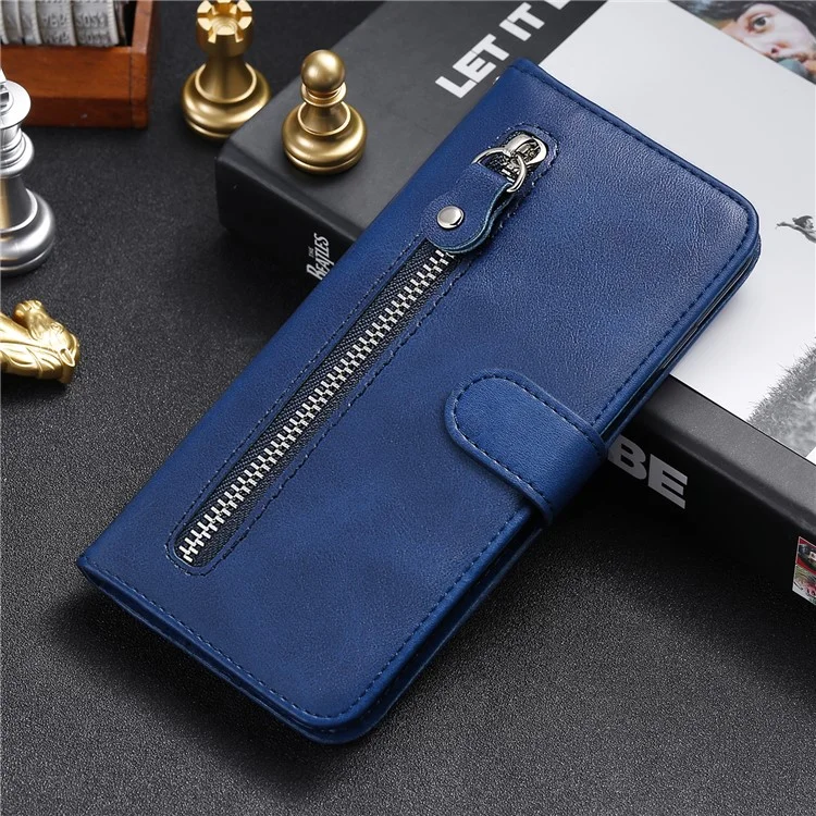 Zipper Pocket Leather Wallet Stand Case for Samsung Galaxy A02s (164.2x75.9x9.1mm) - Blue