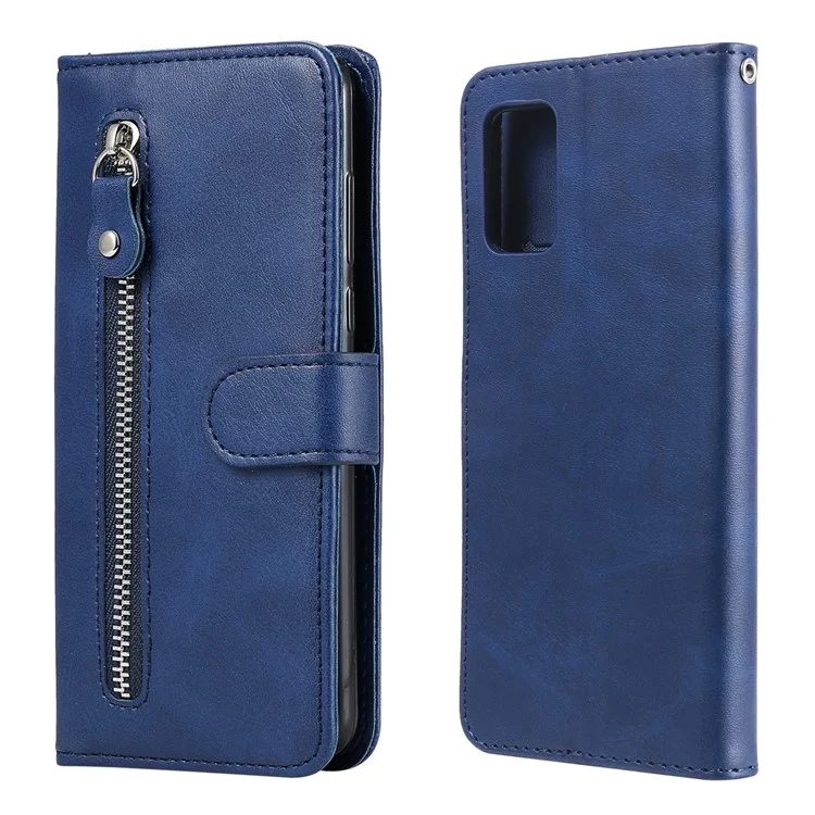 Zipper Pocket Leather Wallet Stand Case for Samsung Galaxy A02s (164.2x75.9x9.1mm) - Blue