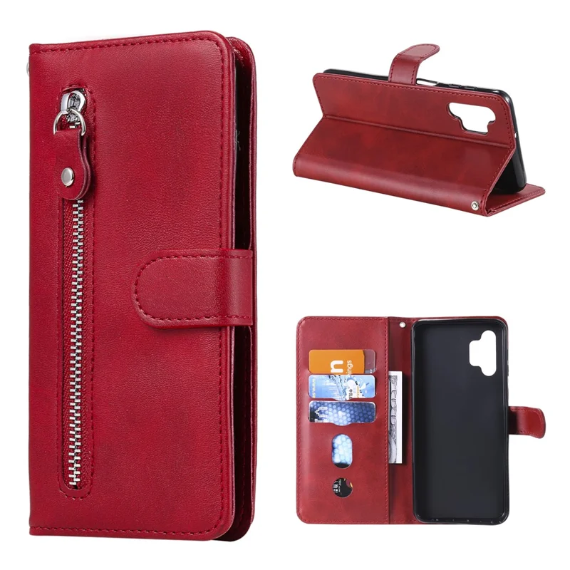 Zipper Pocket Wallet Leather Stand Case for Samsung Galaxy A32 5G/M32 5G Cover - Red