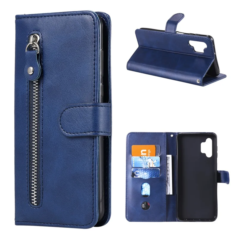 Zipper Pocket Wallet Leather Stand Case for Samsung Galaxy A32 5G/M32 5G Cover - Blue