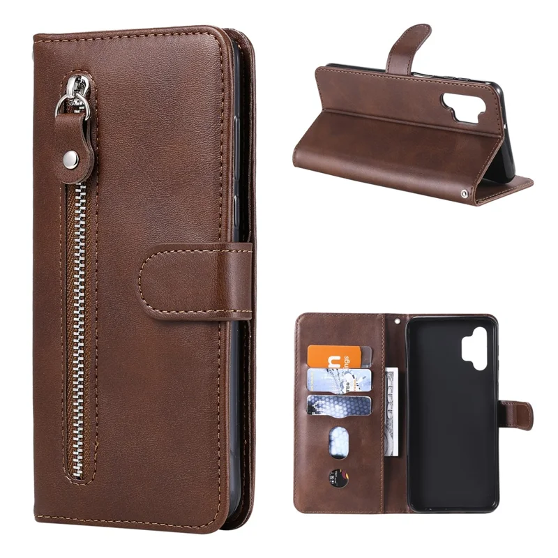 Zipper Pocket Wallet Leather Stand Case for Samsung Galaxy A32 5G Cover/M32 5G - Brown