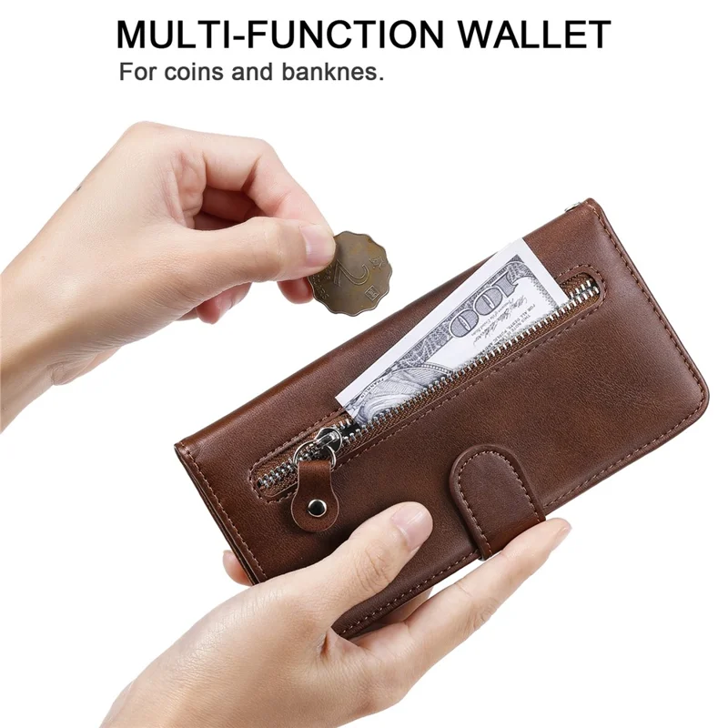Zipper Pocket Wallet Leather Stand Case for Samsung Galaxy A32 5G Cover/M32 5G - Brown