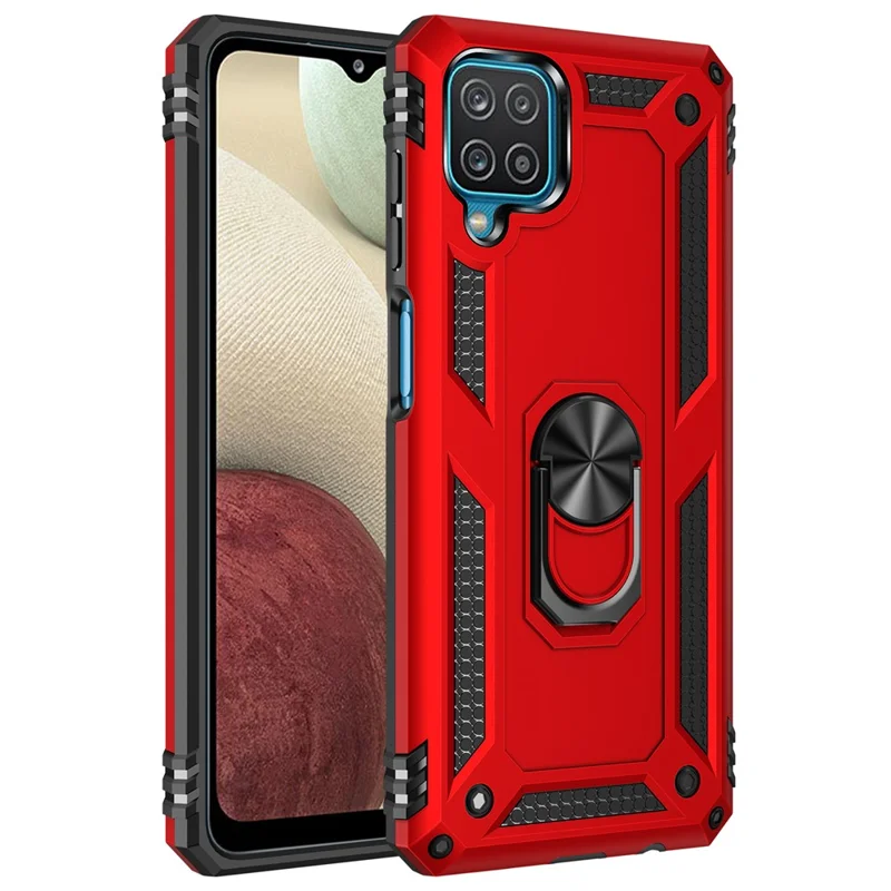 Hybrid PC + TPU Anti-drop Phone Shell with Ring Kickstand for Samsung Galaxy A12 - Red