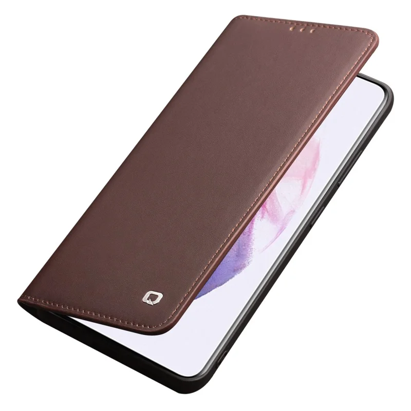 QIALINO Genuine Cowhide Leather Wallet Cover for Samsung Galaxy S21 4G/5G - Brown