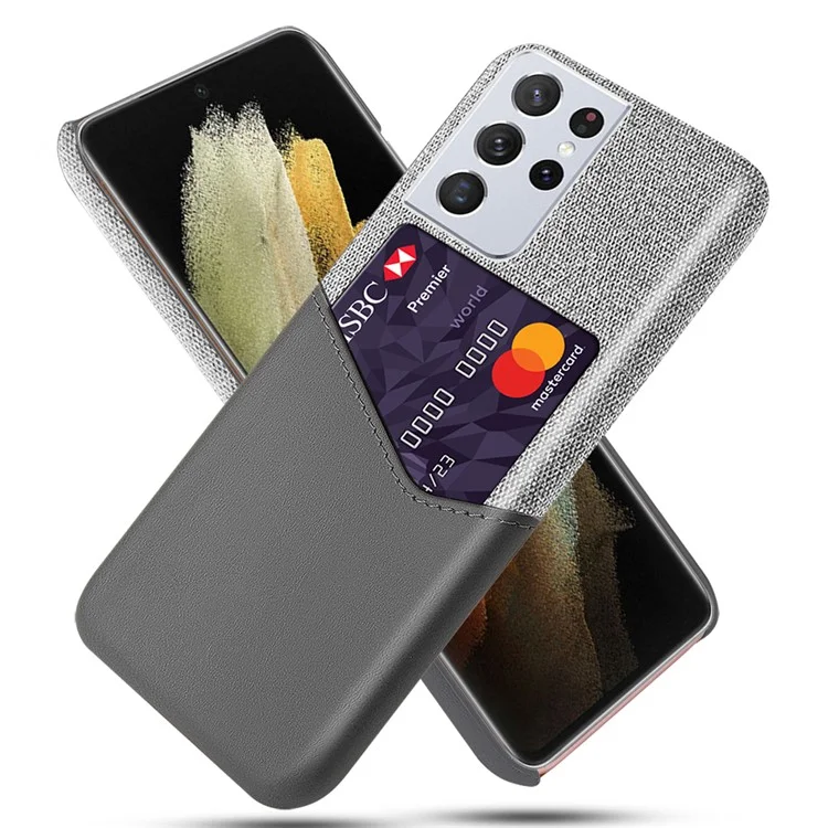 KSQ Funda Híbrida de Ranura para Tarjetas de Tela + Piel Sintética + PC para Samsung Galaxy S21 Ultra 5G - Gris