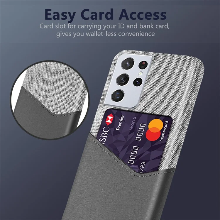 KSQ Funda Híbrida de Ranura para Tarjetas de Tela + Piel Sintética + PC para Samsung Galaxy S21 Ultra 5G - Gris