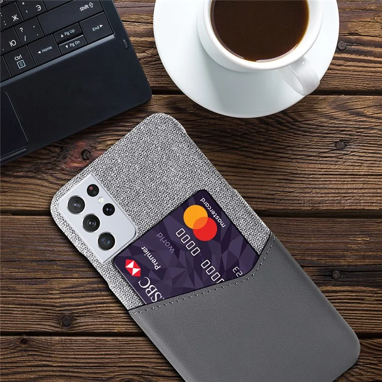 KSQ Funda Híbrida de Ranura para Tarjetas de Tela + Piel Sintética + PC para Samsung Galaxy S21 Ultra 5G - Gris