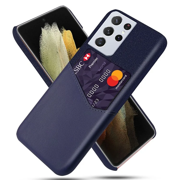 KSQ Card Slot Cloth + PU Leather + PC Hybrid Cover for Samsung Galaxy S21 Ultra 5G Case - Dark Blue