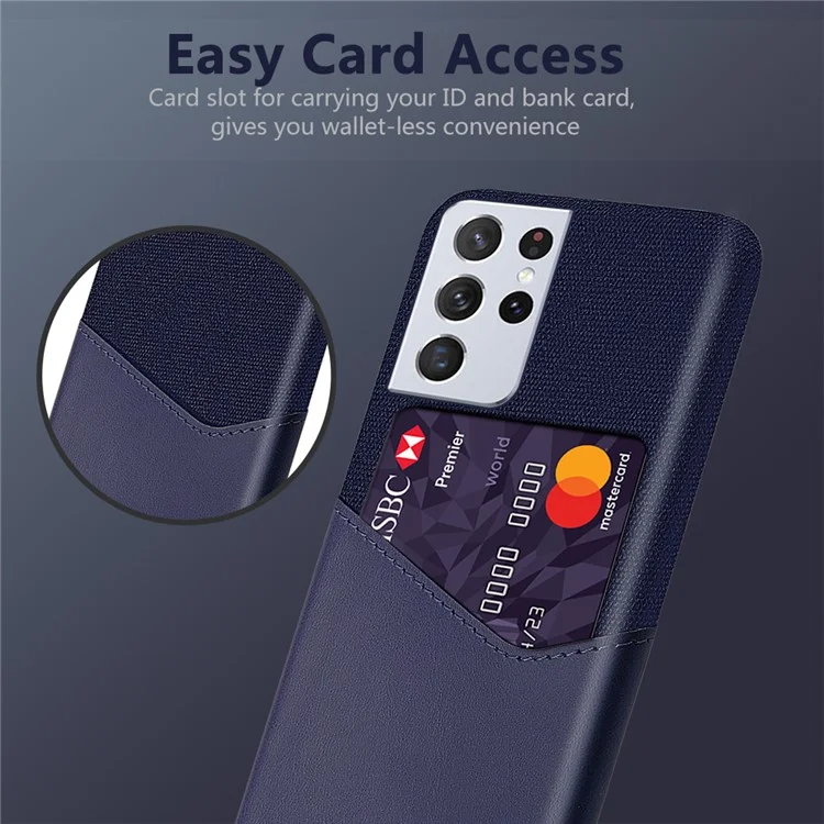 KSQ Card Slot Cloth + PU Leather + PC Hybrid Cover for Samsung Galaxy S21 Ultra 5G Case - Dark Blue