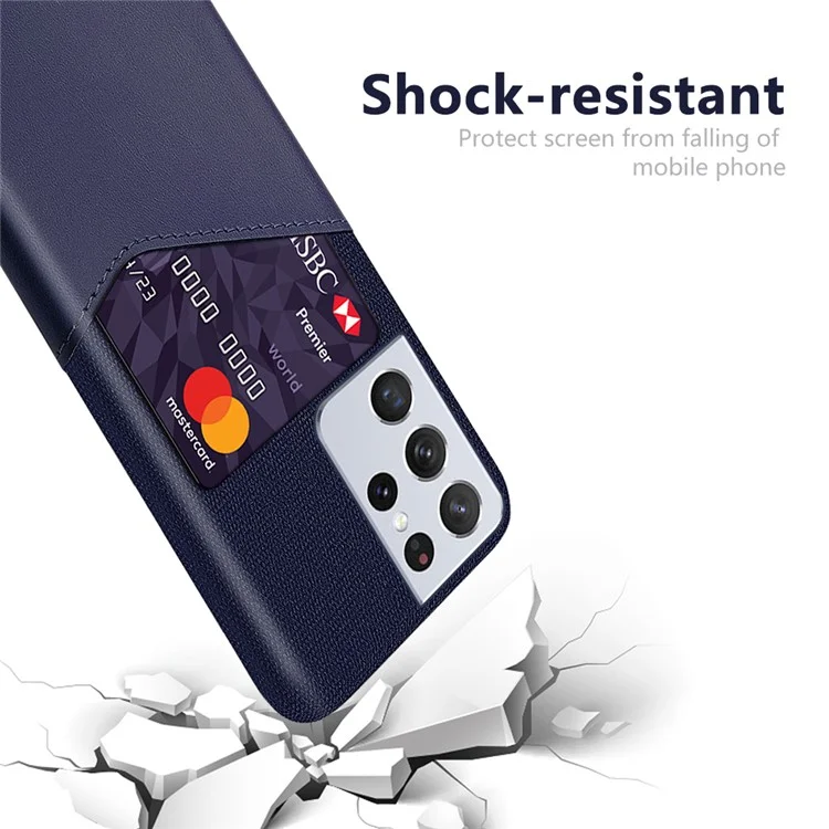 KSQ Card Slot Cloth + PU Leather + PC Hybrid Cover for Samsung Galaxy S21 Ultra 5G Case - Dark Blue
