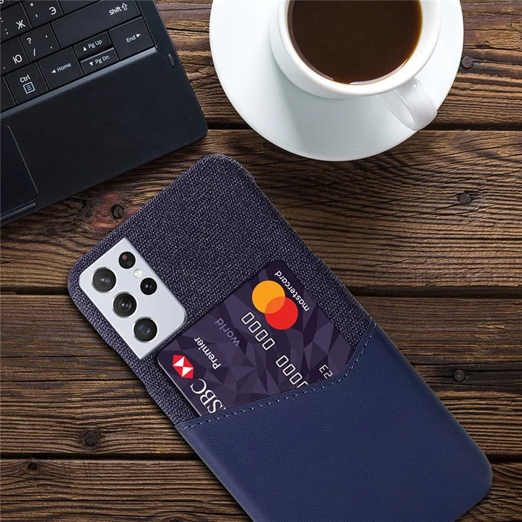 KSQ Card Slot Cloth + PU Leather + PC Hybrid Cover for Samsung Galaxy S21 Ultra 5G Case - Dark Blue
