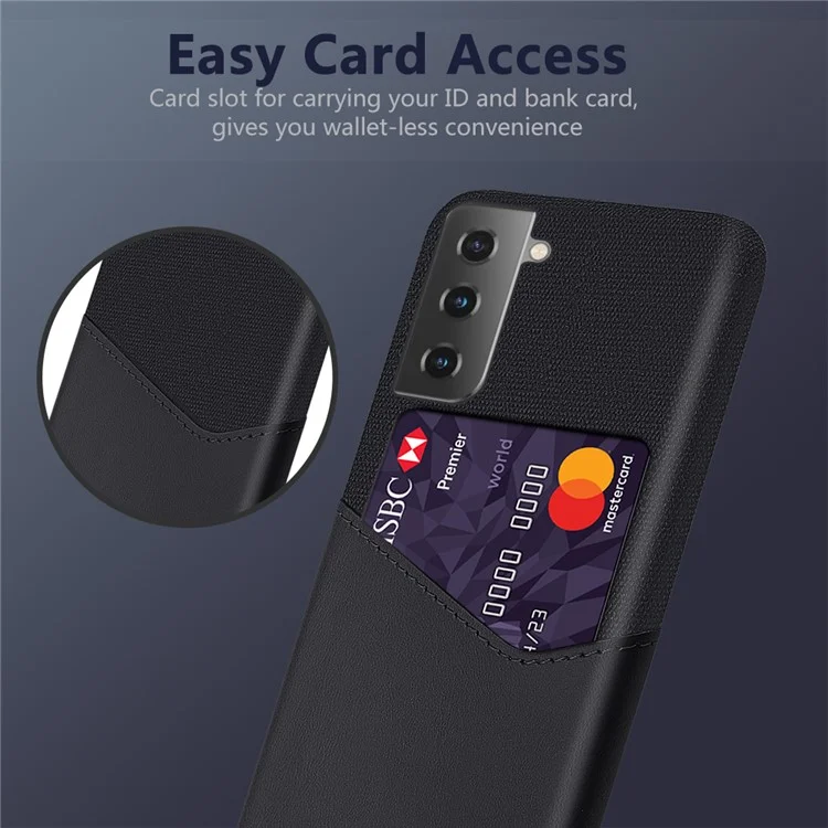 KSQ Card Holder Design Cloth Texture PU Leather Coated Hard PC Back Cover per Samsung Galaxy S21 4G/5G - Nero