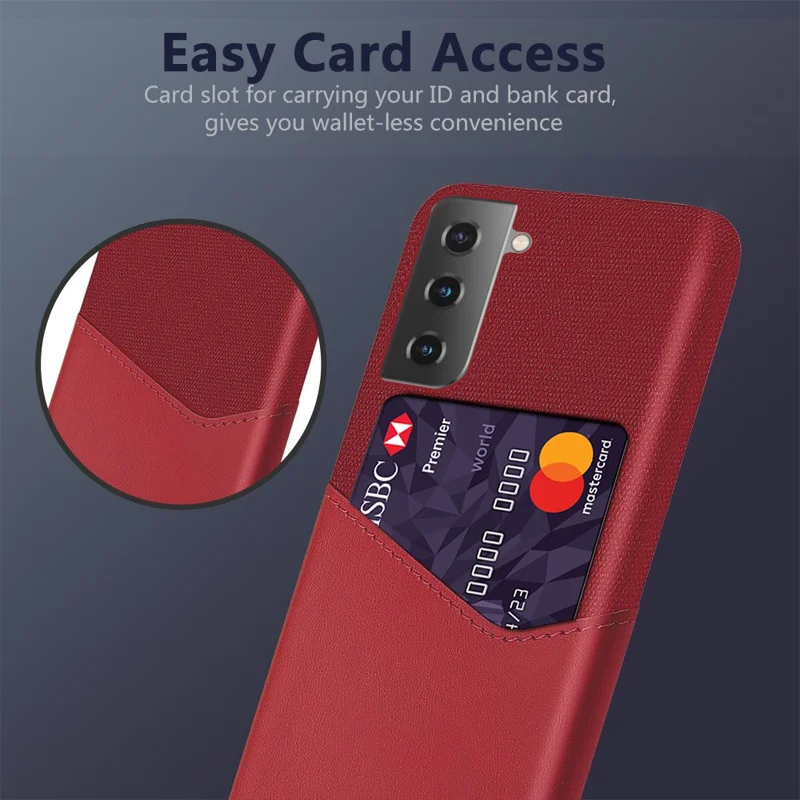 KSQ Card Holder Design Cloth Texture PU Leather Coated Hard PC Back Cover for Samsung Galaxy S21 4G/5G - Red