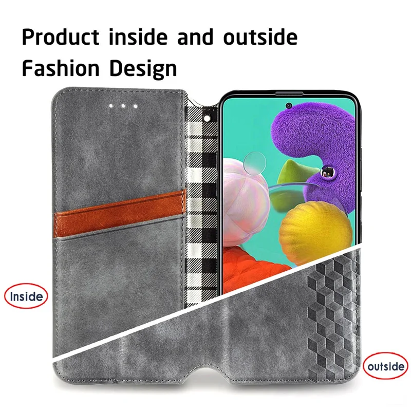 Étui en cuir PU pour Samsung Galaxy A51 4G SM-A515, avec motif losange, style portefeuille, support intégré, housse pour téléphone - Gris