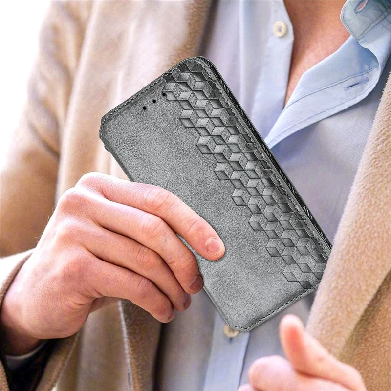 Étui en cuir PU pour Samsung Galaxy A51 4G SM-A515, avec motif losange, style portefeuille, support intégré, housse pour téléphone - Gris