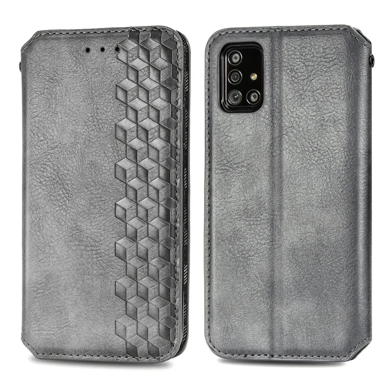 Étui en cuir PU pour Samsung Galaxy A51 4G SM-A515, avec motif losange, style portefeuille, support intégré, housse pour téléphone - Gris