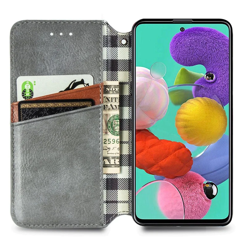 Étui en cuir PU pour Samsung Galaxy A51 4G SM-A515, avec motif losange, style portefeuille, support intégré, housse pour téléphone - Gris