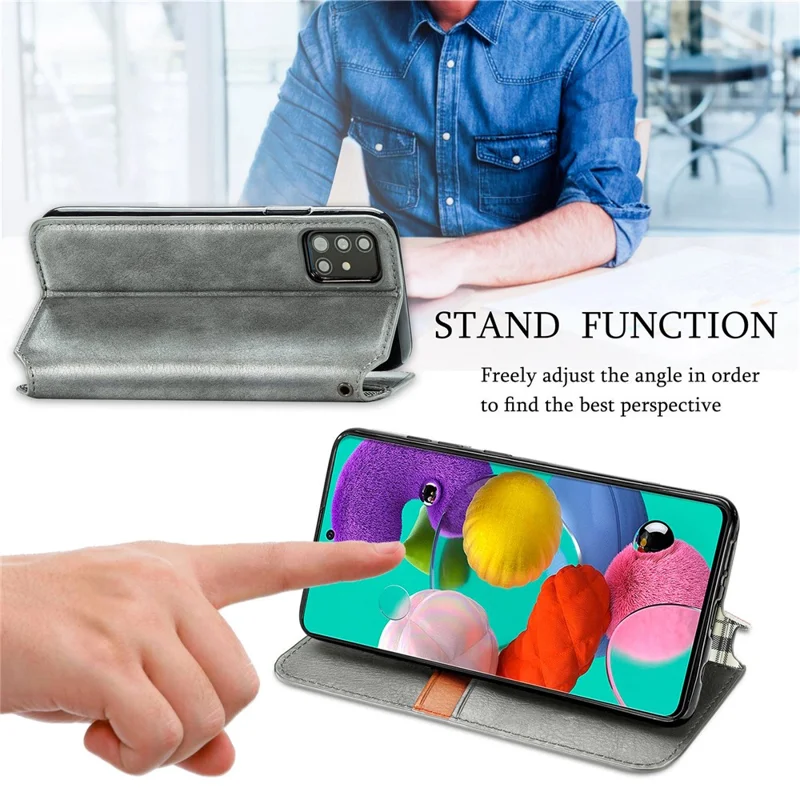 Étui en cuir PU pour Samsung Galaxy A51 4G SM-A515, avec motif losange, style portefeuille, support intégré, housse pour téléphone - Gris