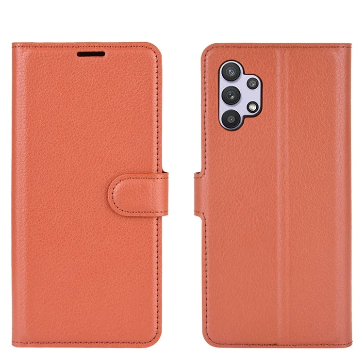 Litchi Textur Brieftasche Leder Beschützer Telefonständer Cover Für Samsung Galaxy A32 5G/M32 5G - Braun