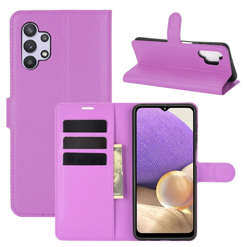 Litchi Texture Wallet Leather Protector Phone Stand Cover for Samsung Galaxy A32 5G / M32 5G - Purple