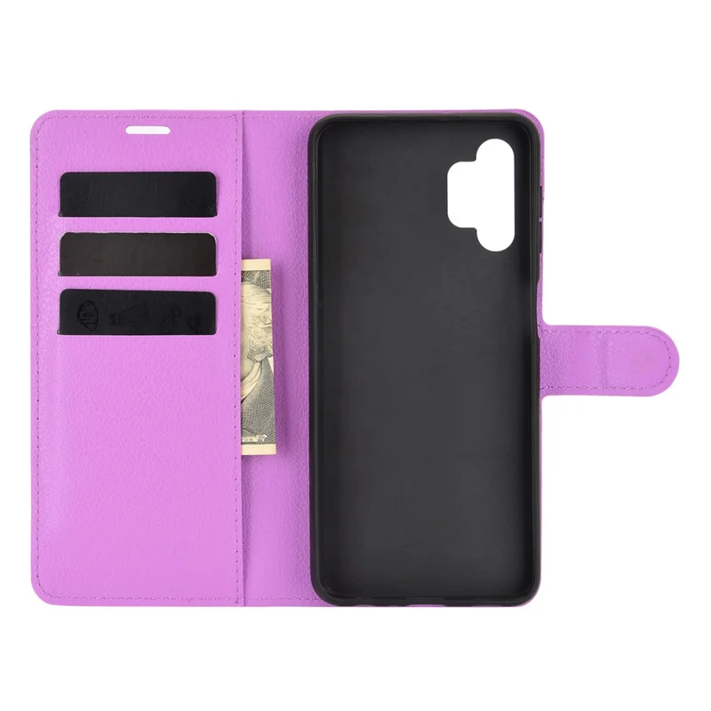 Litchi Texture Wallet Leather Protector Phone Stand Cover for Samsung Galaxy A32 5G / M32 5G - Purple