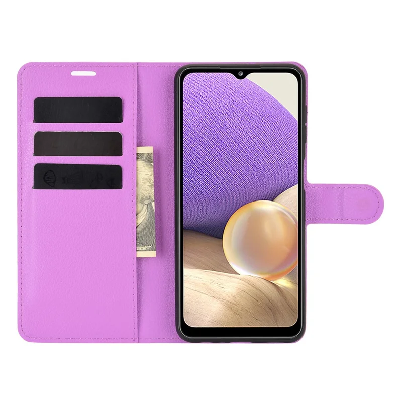 Litchi Texture Wallet Leather Protector Phone Stand Cover for Samsung Galaxy A32 5G / M32 5G - Purple