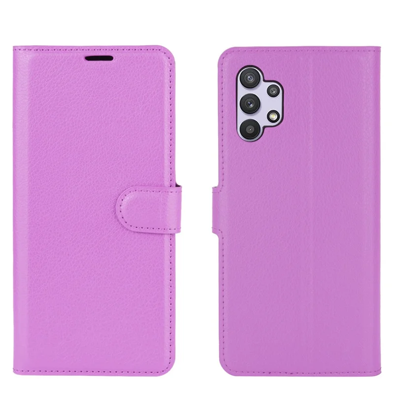 Litchi Texture Wallet Leather Protector Phone Stand Cover for Samsung Galaxy A32 5G / M32 5G - Purple