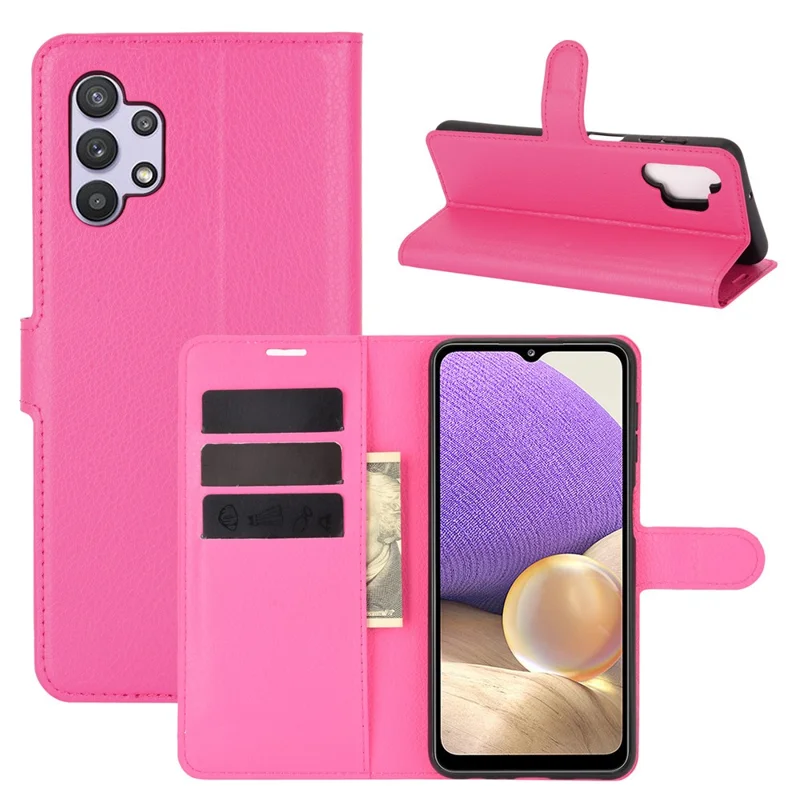 Funda de cuero con textura de lichi, diseño tipo cartera con soporte, protectora para teléfono Samsung Galaxy A32 5G / M32 5G - Rosa