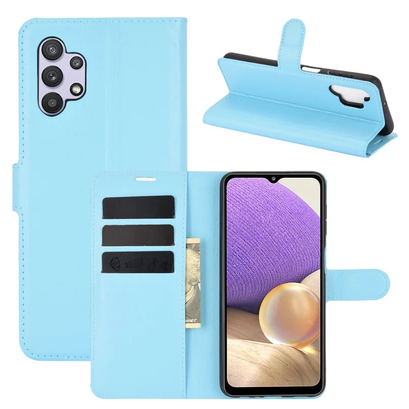 Funda de cuero con textura de lichi, diseño billetera y soporte para teléfono, protector para Samsung Galaxy A32 5G / M32 5G - Azul