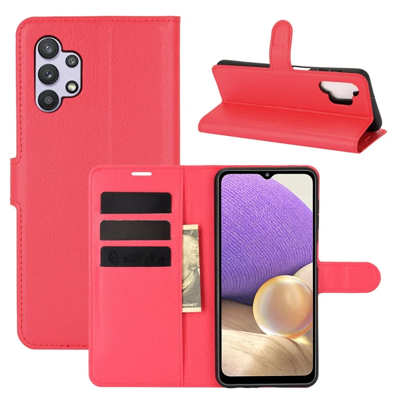 Litchi Texture Wallet Leather Protector Phone Stand Cover for Samsung Galaxy A32 5G / M32 5G - Red