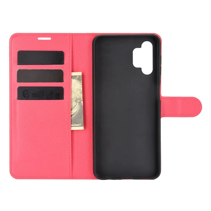 Litchi Texture Wallet Leather Protector Phone Stand Cover for Samsung Galaxy A32 5G / M32 5G - Red