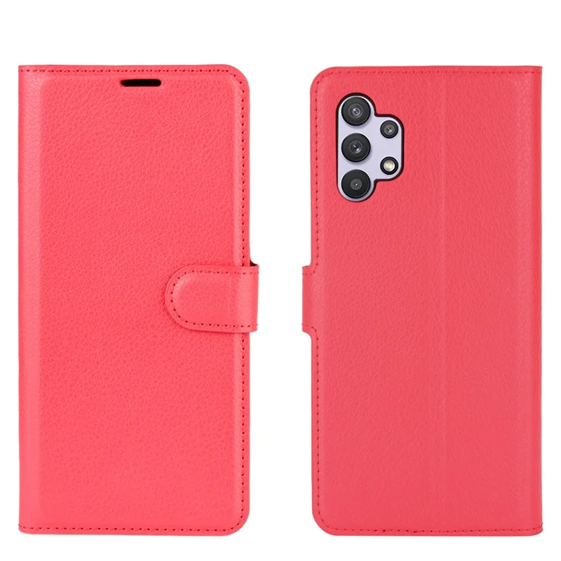 Litchi Texture Wallet Leather Protector Phone Stand Cover for Samsung Galaxy A32 5G / M32 5G - Red