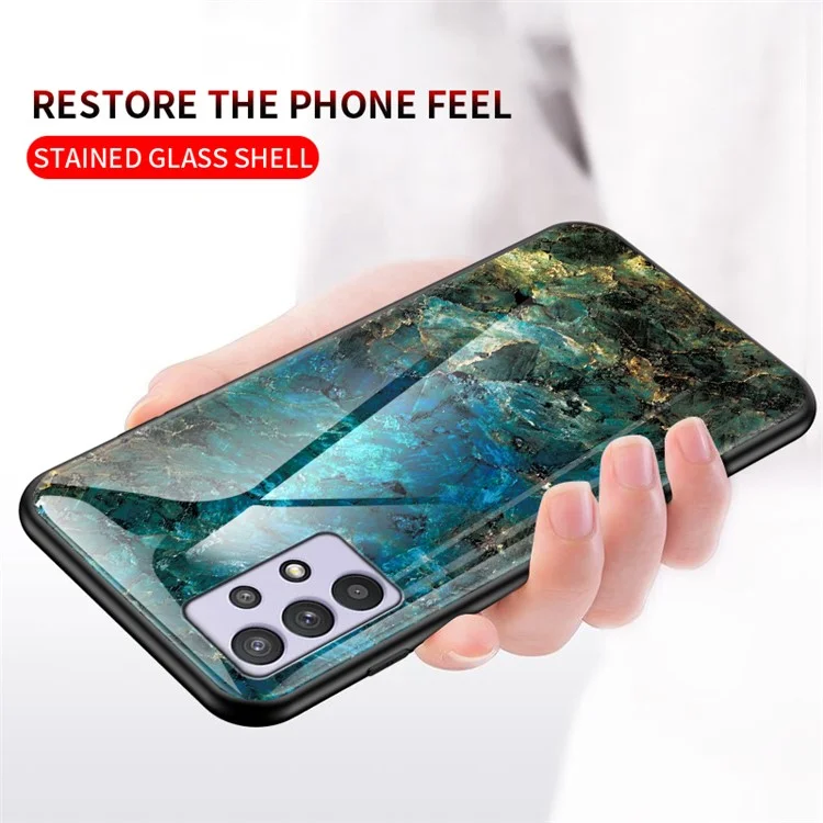 Wear and Scratch Resistant Marbling Pattern Drop-proof Tempered Glass Cell Phone Cover for Samsung Galaxy A32 5G/M32 5G - Emerald Marble