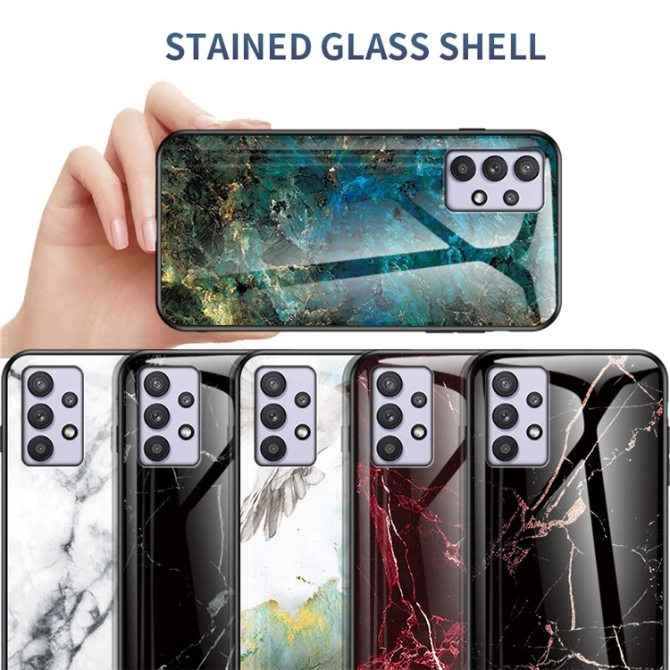 Wear and Scratch Resistant Marbling Pattern Drop-proof Tempered Glass Cell Phone Cover for Samsung Galaxy A32 5G/M32 5G - Emerald Marble