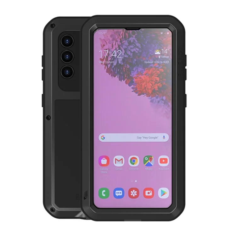 LOVE MEI Protecteur complet antichoc, anti-chute et anti-poussière en métal + silicone + verre trempé pour Samsung Galaxy S21 4G/5G - Noir