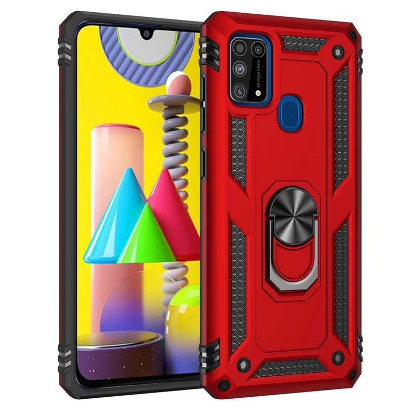 Hybrid Shockproof PC + TPU Phone Case Cover with Ring Kickstand for Samsung Galaxy M31 - Red