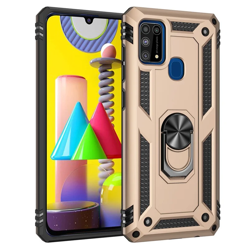 Hybrid Shockproof PC + TPU Phone Case Cover with Ring Kickstand for Samsung Galaxy M31 - Gold