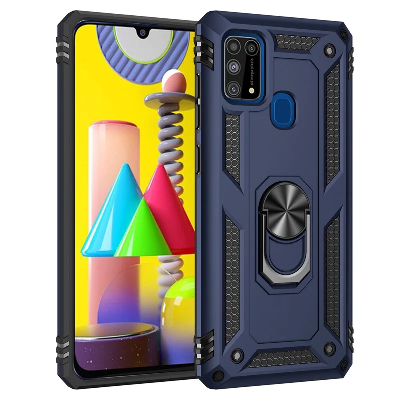 Hybrid Shockproof PC + TPU Phone Case Cover with Ring Kickstand for Samsung Galaxy M31 - Dark Blue
