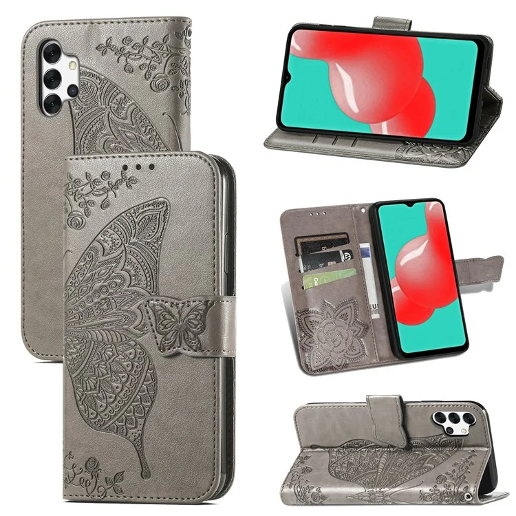 Empreinte Big Butterfly le Cuir Portefeuille Shell Téléphone Pour Samsung Galaxy A32 5G - Gris