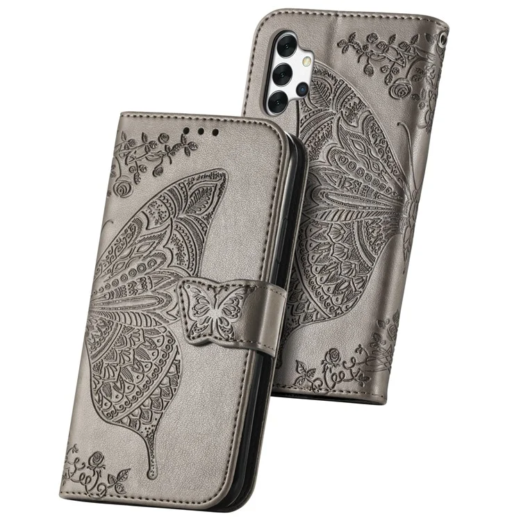 Empreinte Big Butterfly le Cuir Portefeuille Shell Téléphone Pour Samsung Galaxy A32 5G - Gris
